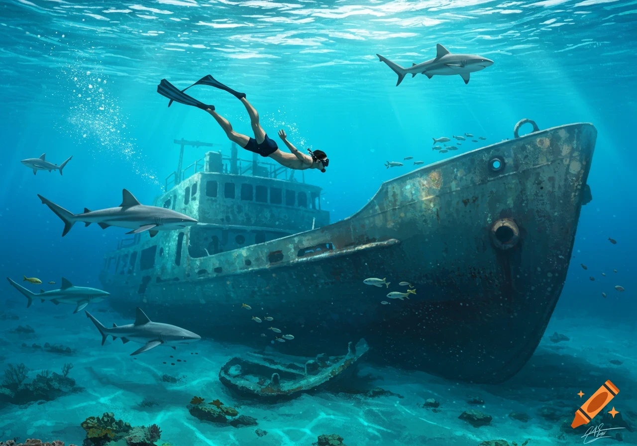 A freediver swims near a sunken ship surrounded by sharks in clear blue water with sunlight rays filtering down.