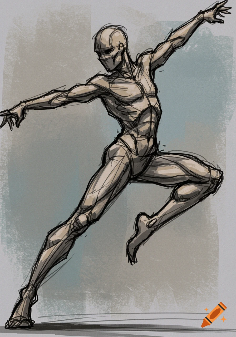 A dynamic sketch of a human figure in a pose, with visible construction lines and wash coloring.