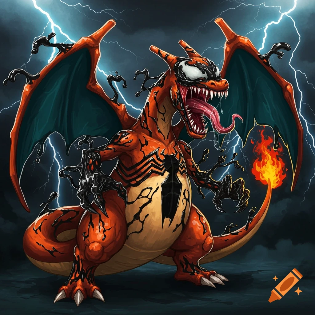 A fierce Charizard-Venom hybrid creature with black symbiote patterns and sharp teeth, roaring with an outstretched tongue, amidst lightning.