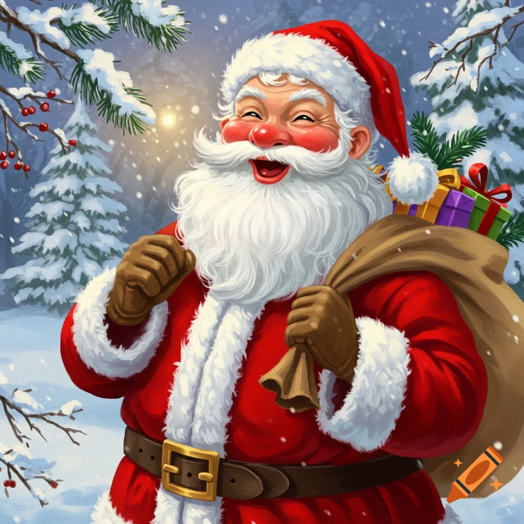 A jolly Santa Claus laughs and carries a sack of gifts in a snowy ...