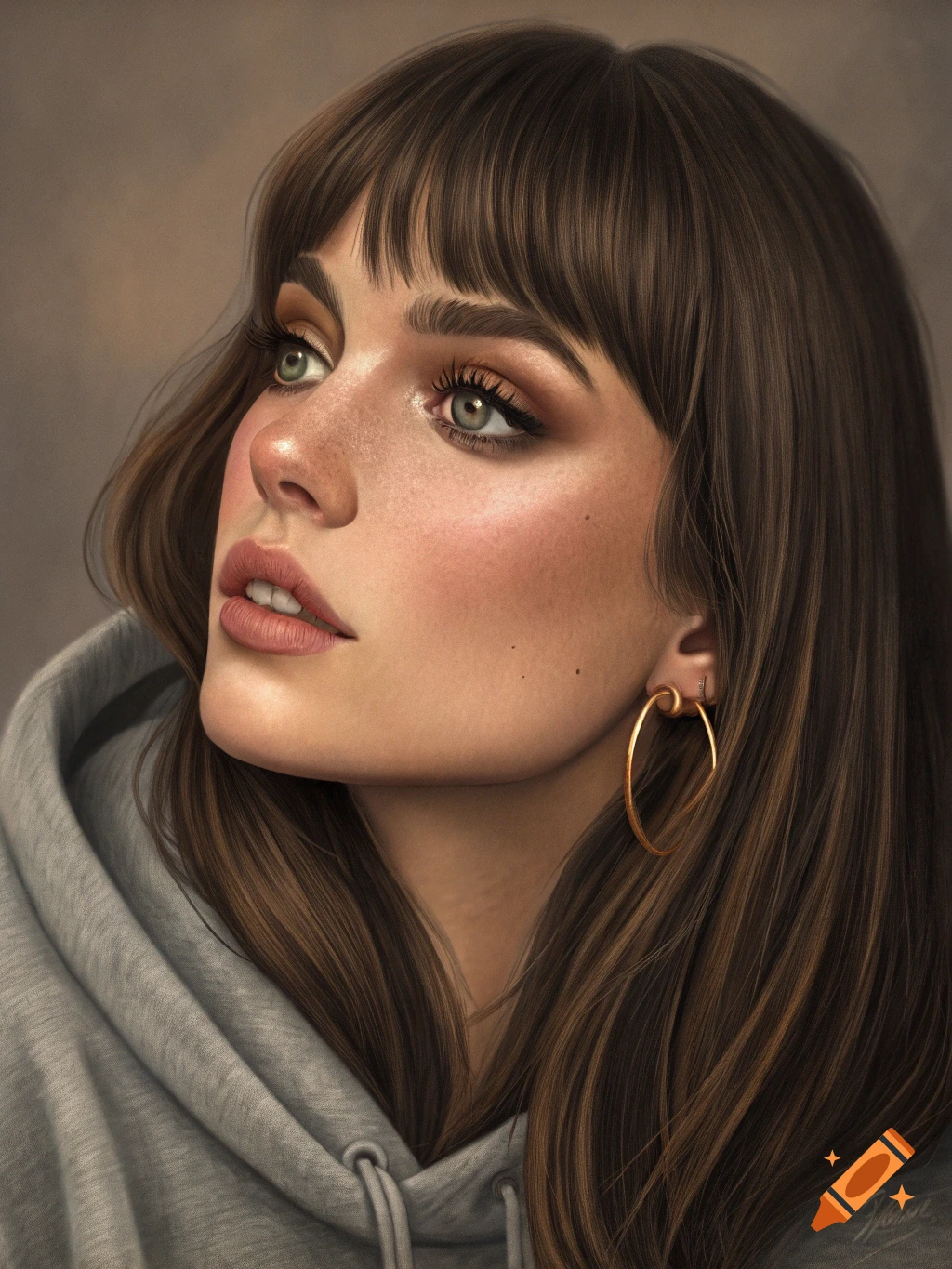 A close-up portrait of a woman with long brown hair and bangs, looking up and to the left. She wears a gray hoodie and gold hoop earrings.