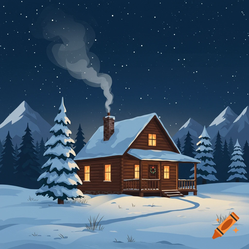 An illustrated snowy log cabin with lit windows and smoke from the chimney, surrounded by snow-covered pine trees and mountains under a starry night sky.