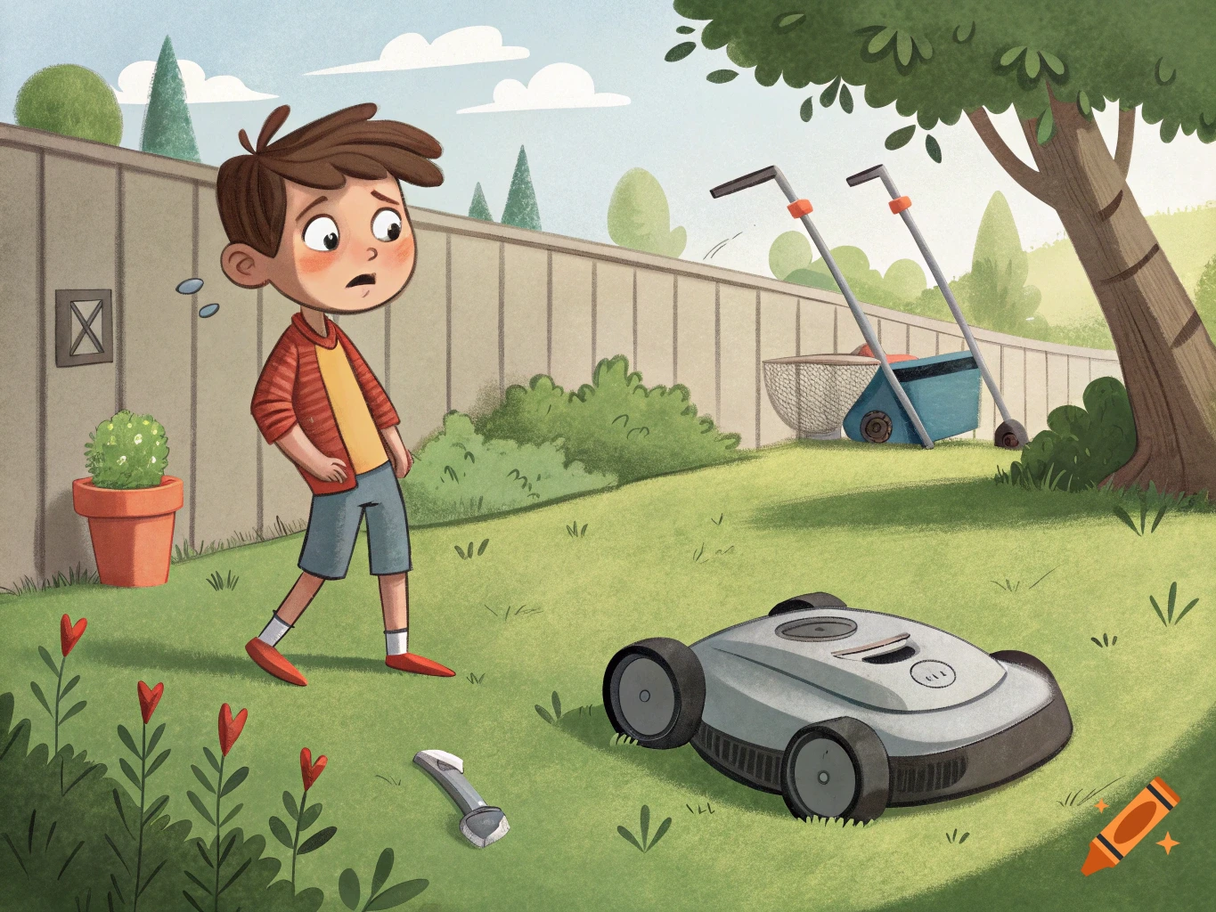 A cartoon boy looks worried at a robot lawnmower in a sunny suburban backyard.