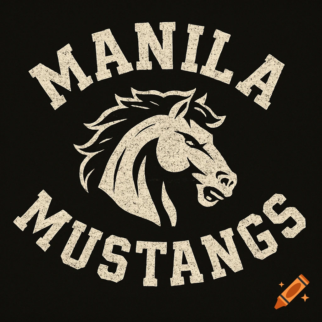 Distressed white logo with 'MANILA MUSTANGS' text arched around an angry horse head on a black background.