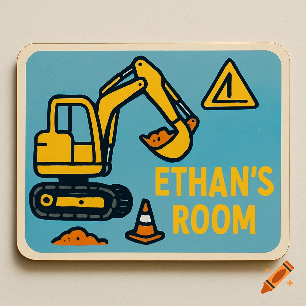 A cartoon door plaque with a yellow excavator, an orange caution cone, and 'ETHAN'S ROOM' text on blue.