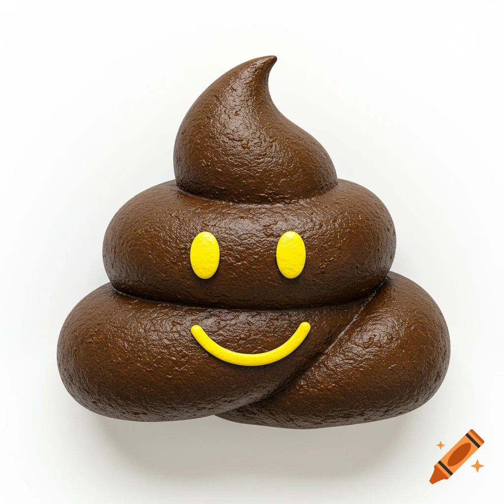 A photorealistic brown poop emoji with yellow eyes and a smiling mouth, set against a white background.