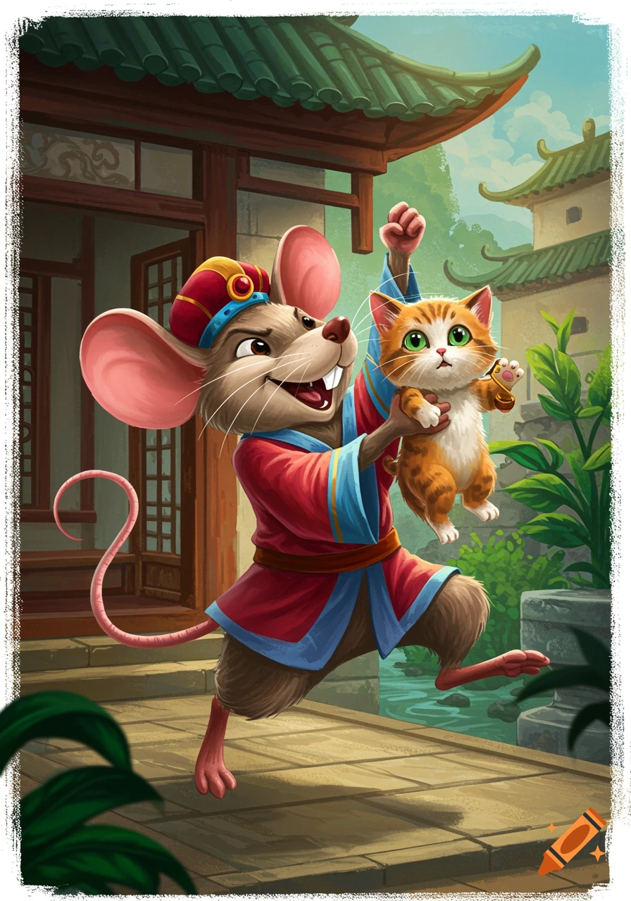 A cartoon mouse in traditional Asian clothing holds up a small orange kitten in front of a building with a green roof.