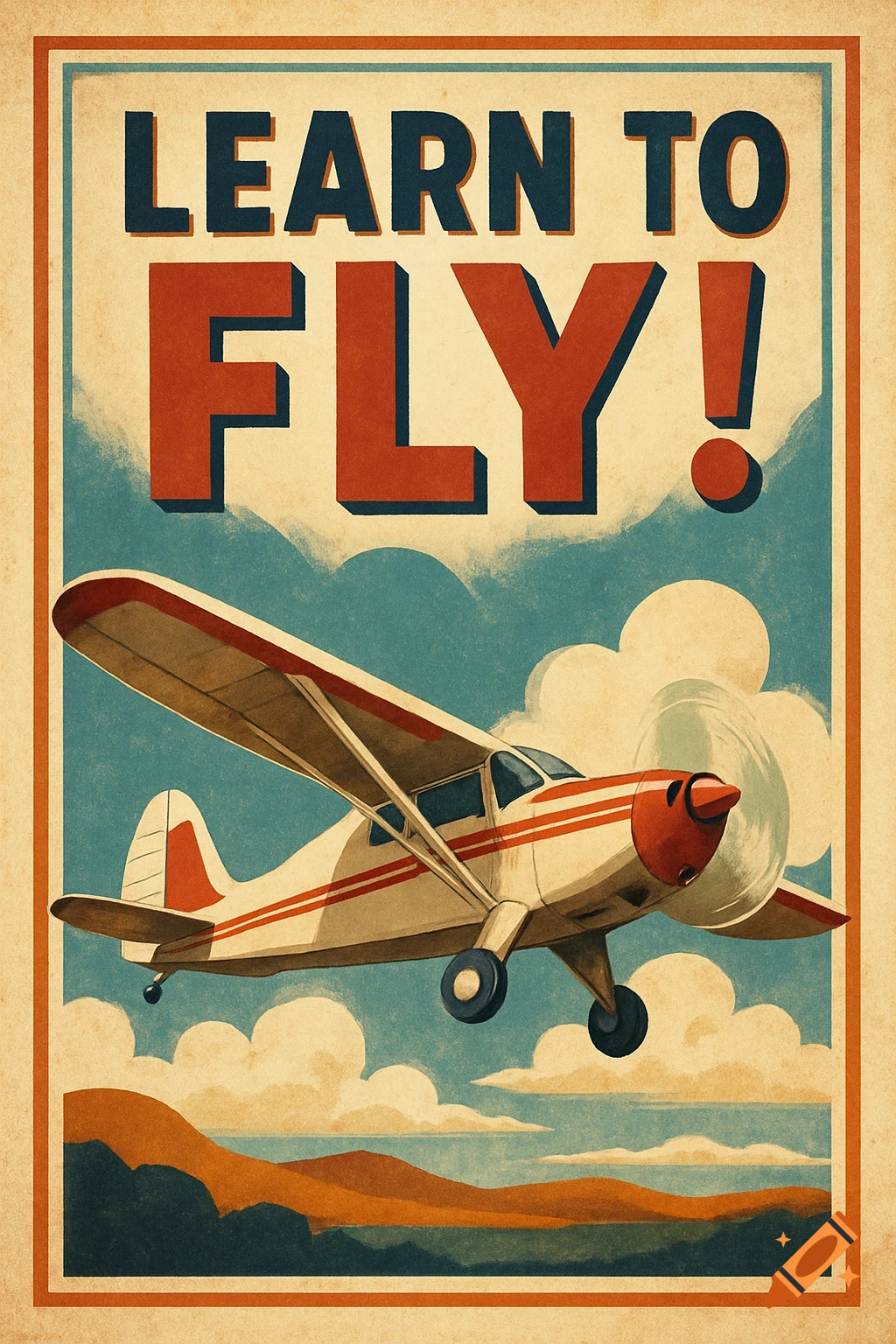 A retro-style poster with 'LEARN TO FLY!' text above a propeller plane flying over mountains and clouds.