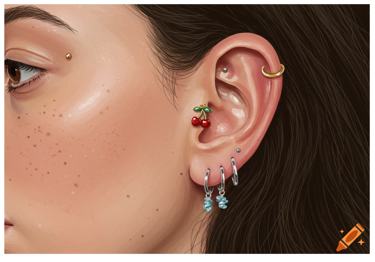Close-up digital illustration of a person's ear with multiple piercings, including a cherry charm and blue crystal earrings.