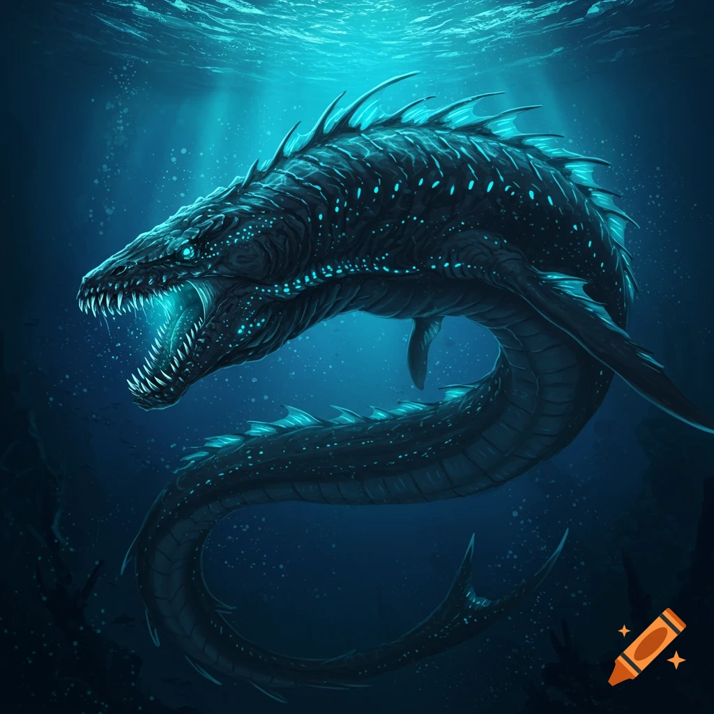 A monstrous deep-sea leviathan with sharp teeth and glowing blue bioluminescence swims in dark water.