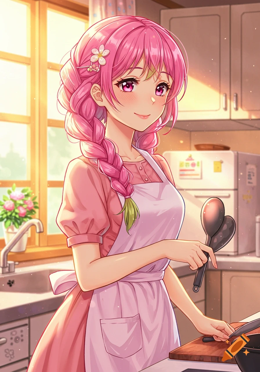 An anime-style woman with pink braided hair and an apron stands in a bright kitchen, holding two dark cooking spoons.