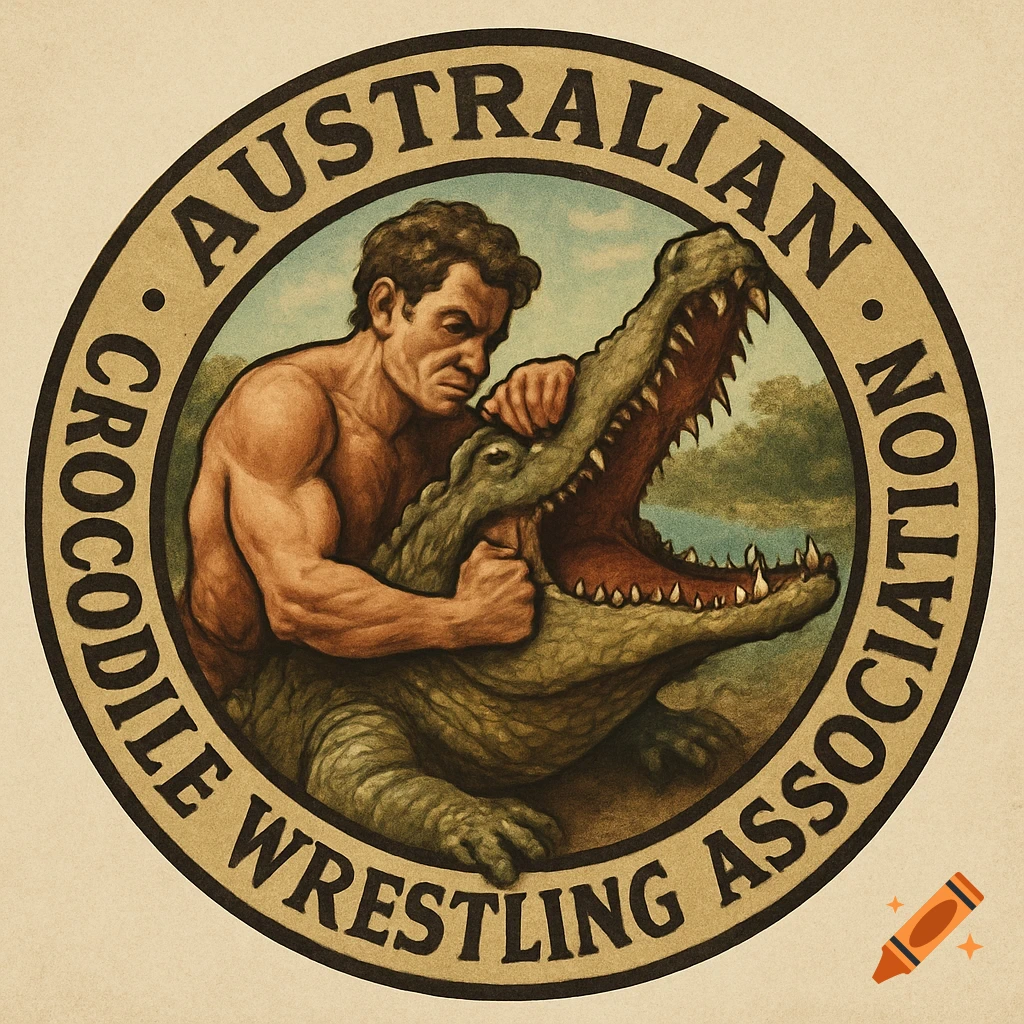 Vintage illustration of a circular badge showing a muscular man wrestling a crocodile, encircled by 'AUSTRALIAN CROCODILE WRESTLING ASSOCIATION' text.