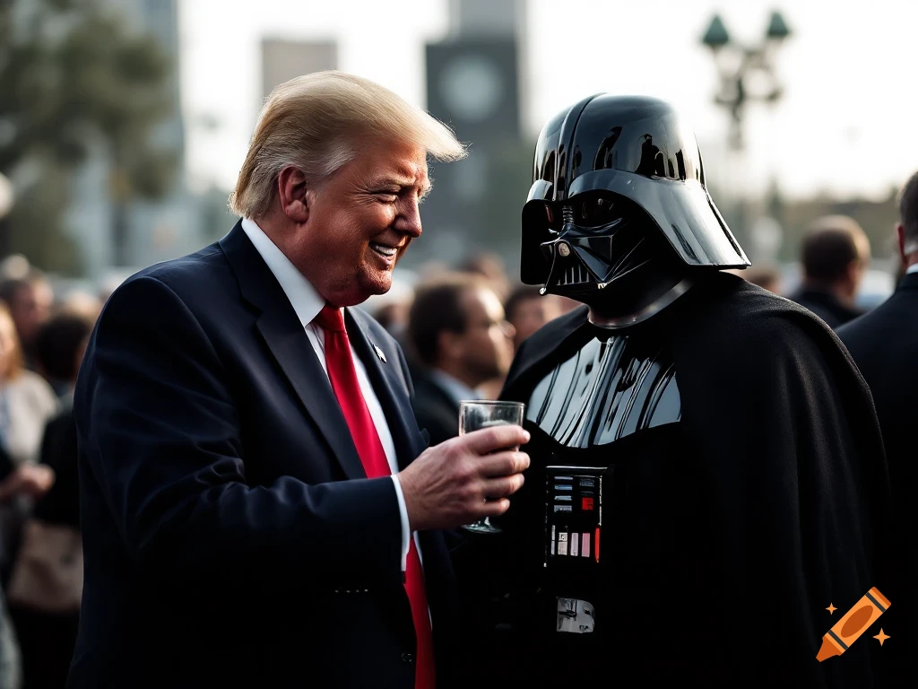 Photorealistic image of Donald Trump laughing while holding a glass and talking to Darth Vader.