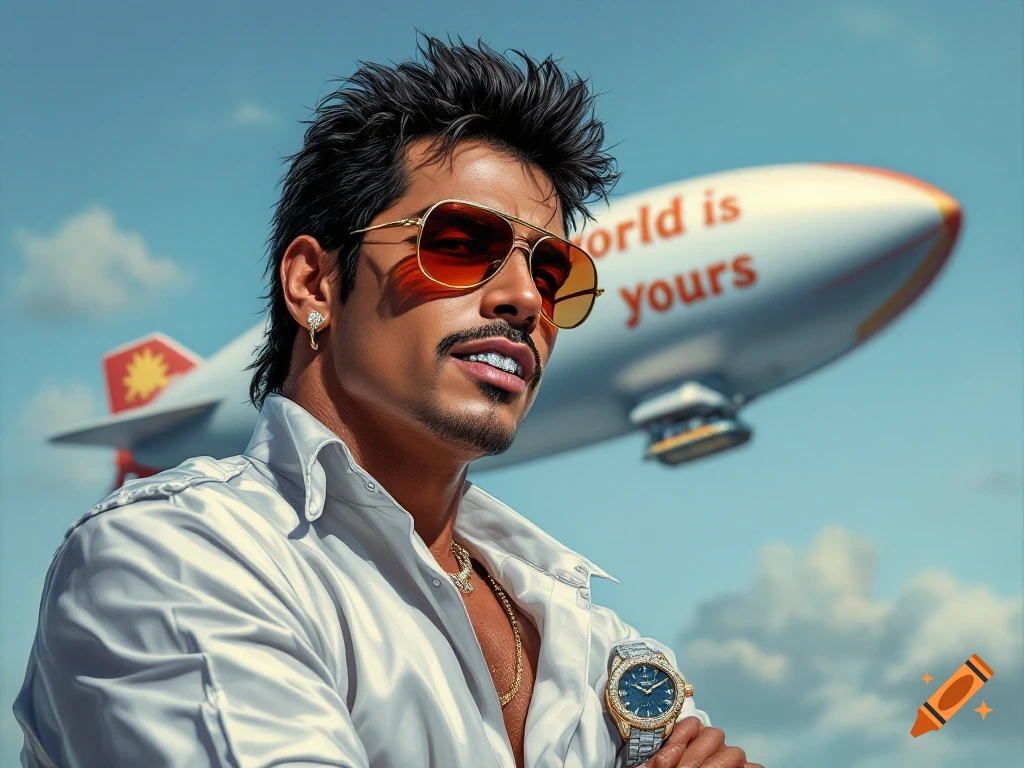 A photorealistic image of a man resembling Tony Montana, wearing sunglasses and luxury jewelry, with a 'world is yours' blimp in the background.