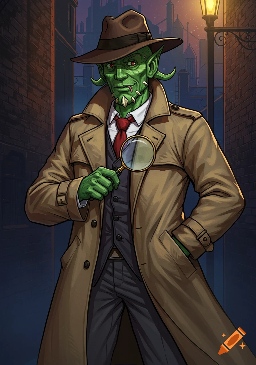 A green-skinned fantasy creature in a trench coat and fedora holds a magnifying glass in a dark alley at night.