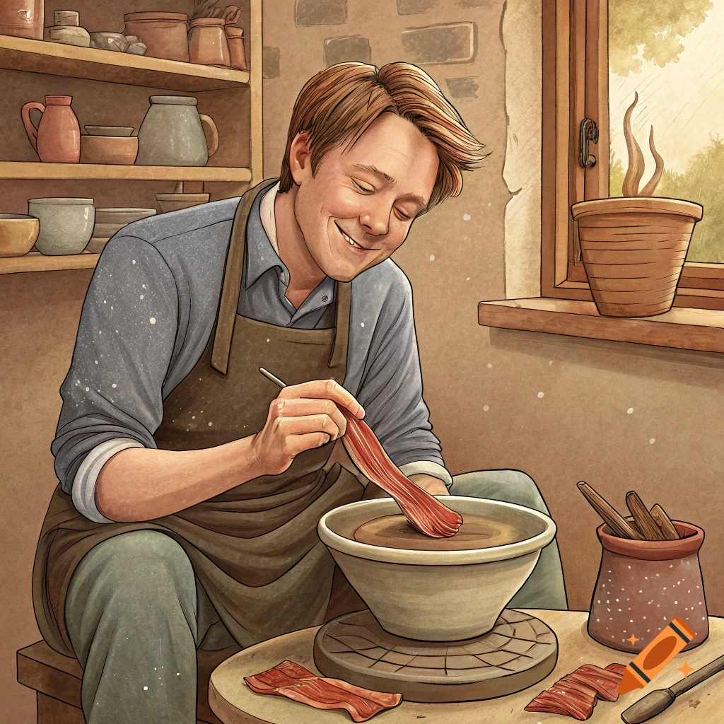 An illustrated man grins while shaping clay on a potter's wheel, holding a strip of bacon in a pottery studio.