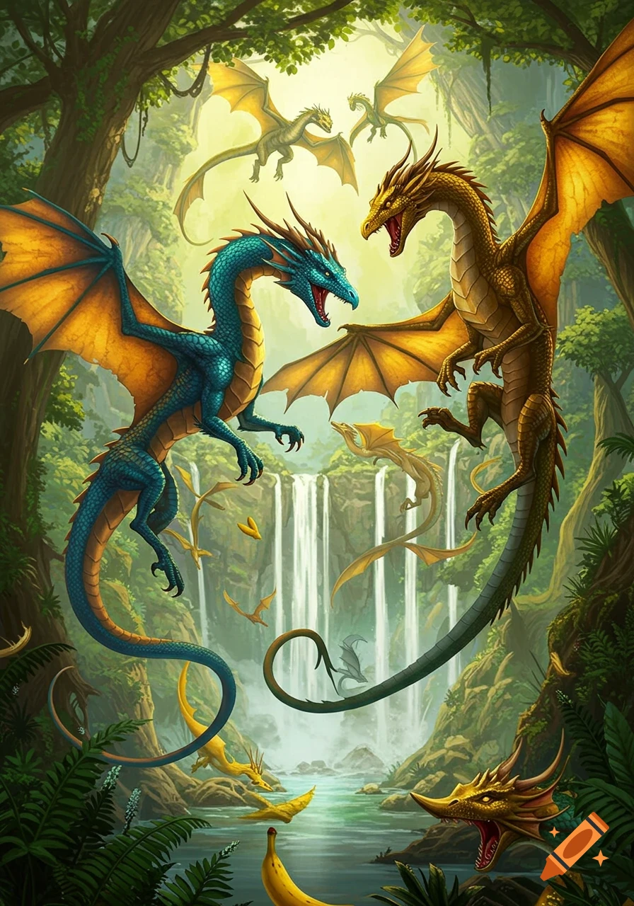 Two large dragons face off in a vibrant jungle with waterfalls. Smaller dragons fly around, and bananas are visible below.