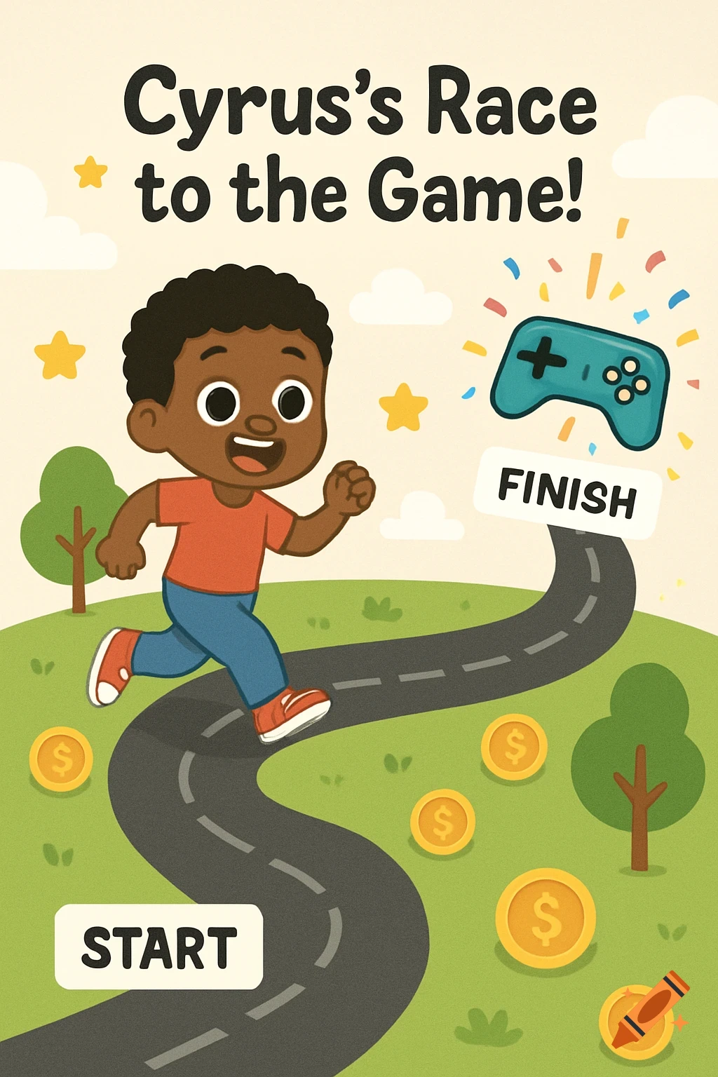 Cartoon of a Black boy running on a road with START/FINISH signs, coins, and a video game controller at the finish line.