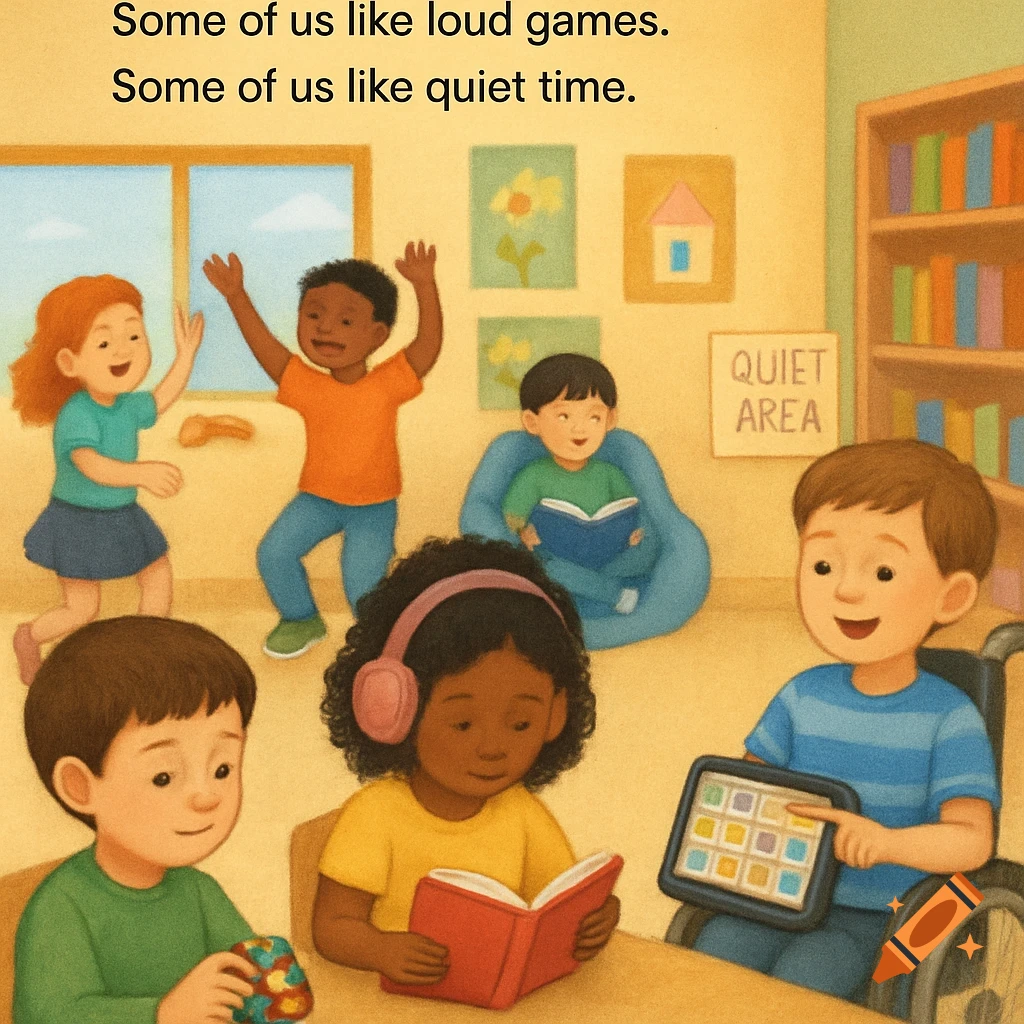 A diverse group of children in an illustrated classroom; some play loudly, others read or use devices quietly.