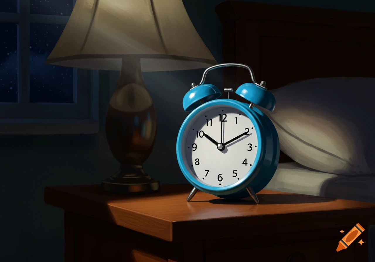 A blue alarm clock on a wooden nightstand next to a glowing lamp and a window with a starry night sky. A bed is in the background.
