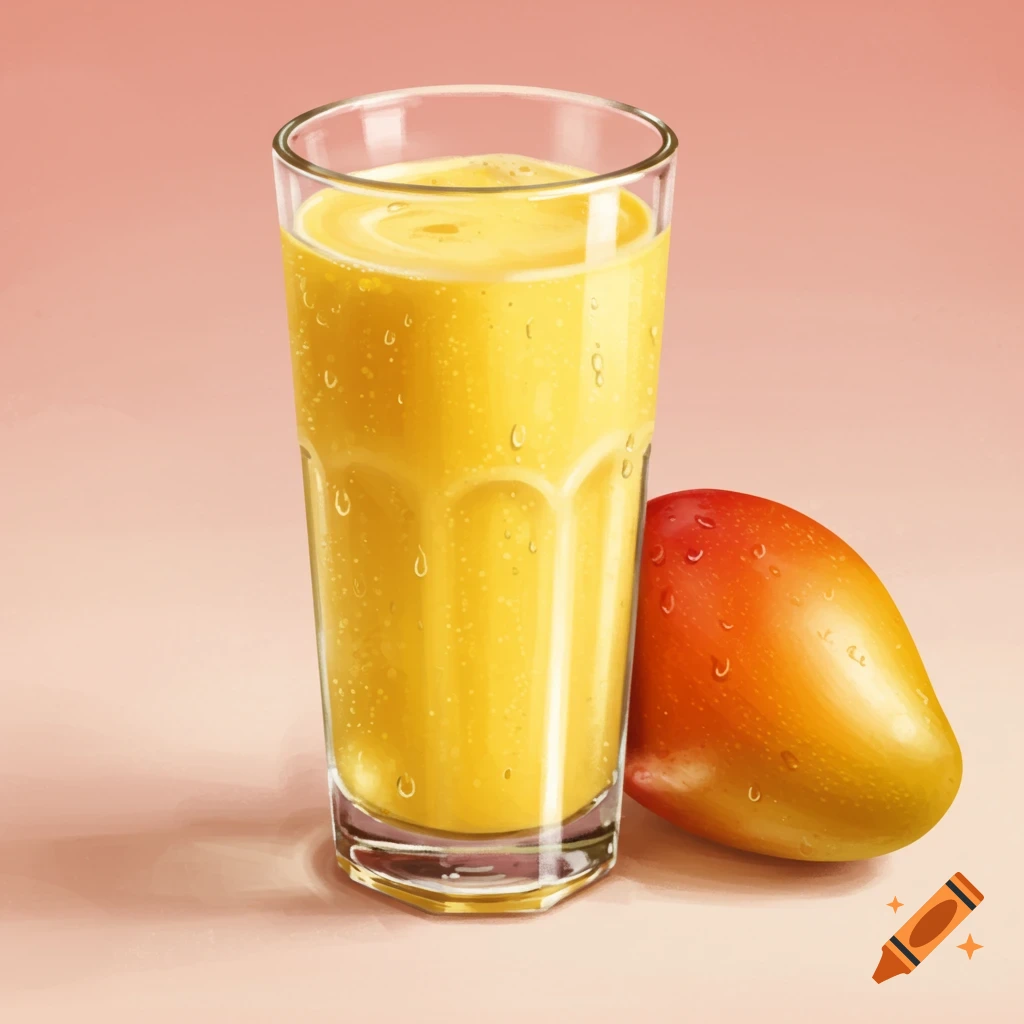 A clear glass filled with yellow mango lassi, condensation and water droplets on the side, next to a whole ripe mango on a light pink surface.