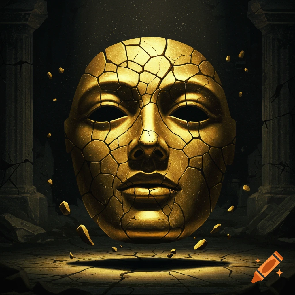 A cracked golden mask floats above broken ground, with crumbling pillars in the dark background, lit dramatically.