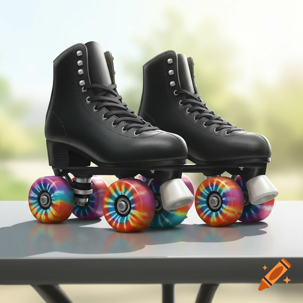 Photorealistic image of black roller skates with vibrant tie-dye wheels, sitting on a grey table.