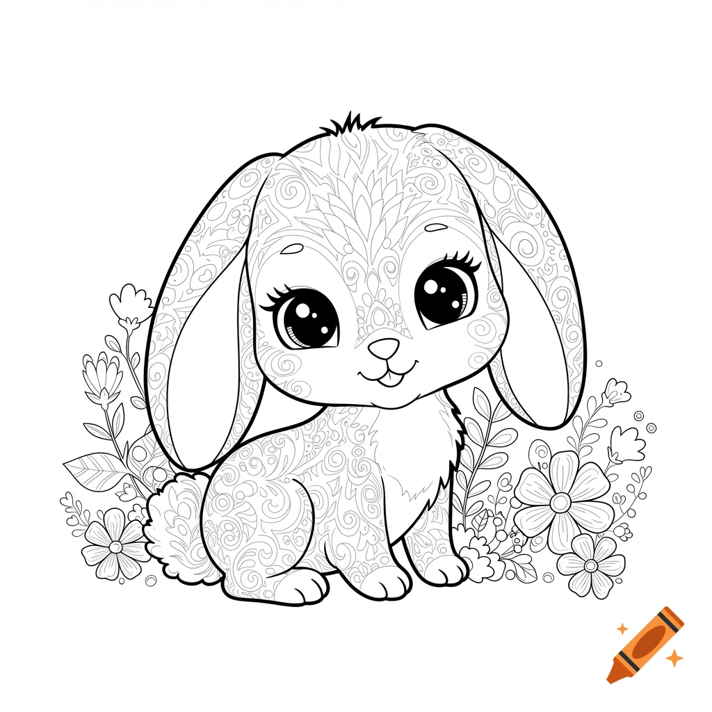Black and white line art of a cute bunny with large eyes and patterned fur, sitting among flowers, designed for a coloring book.