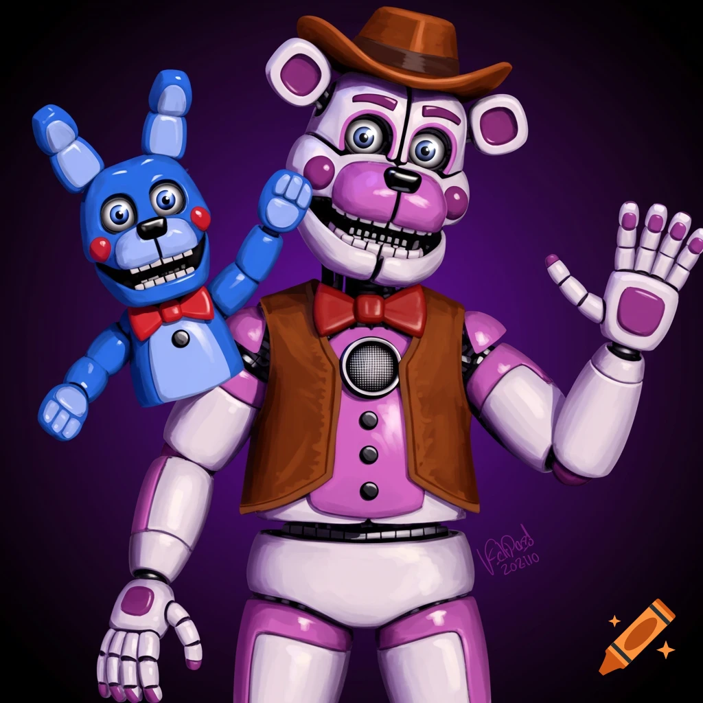 An animatronic bear named Funtime Freddy wearing a cowboy hat and vest, with a blue rabbit puppet named Bon-Bon on his arm, against a dark purple background.
