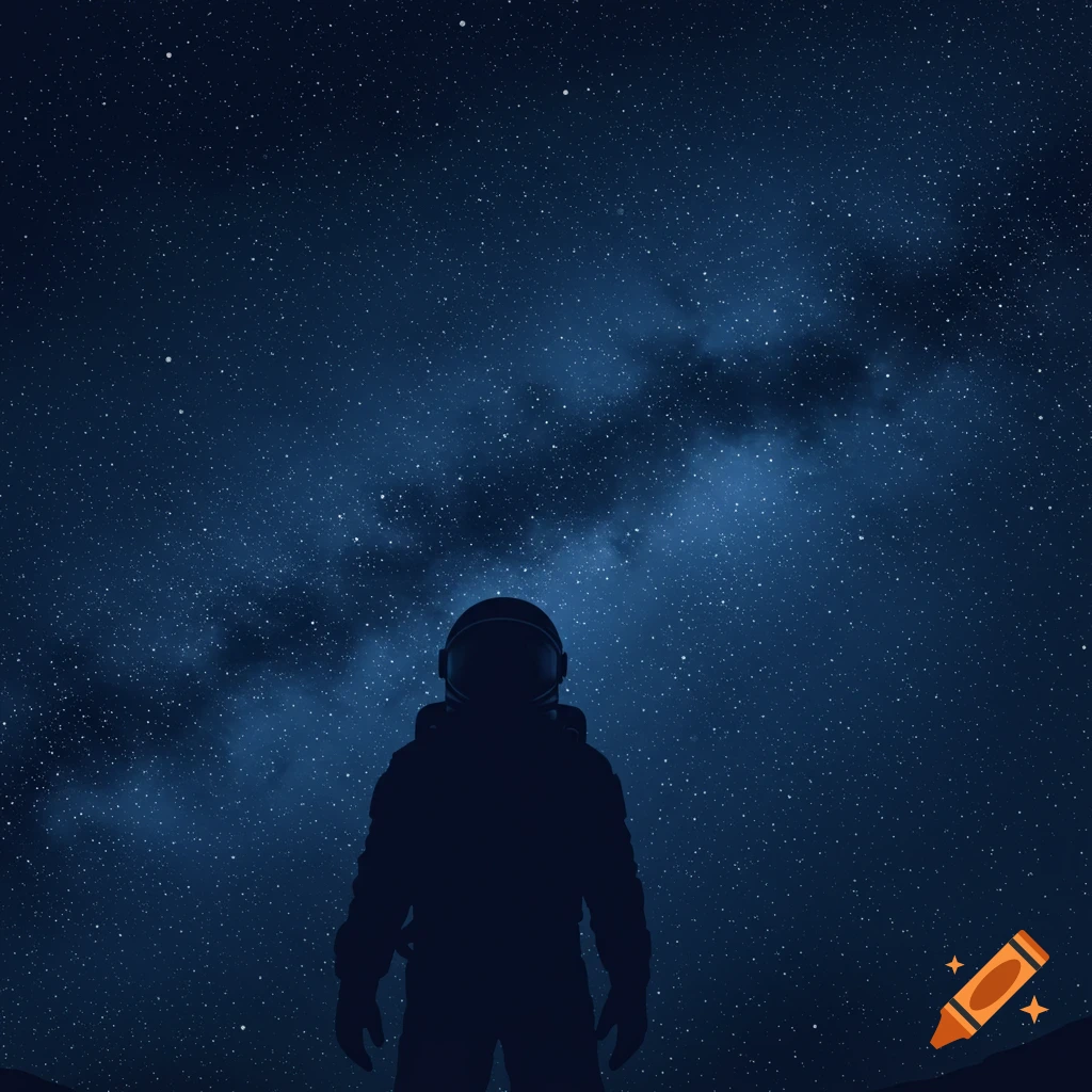 Silhouette of an astronaut looking up at a dark blue starry night sky with the Milky Way visible.