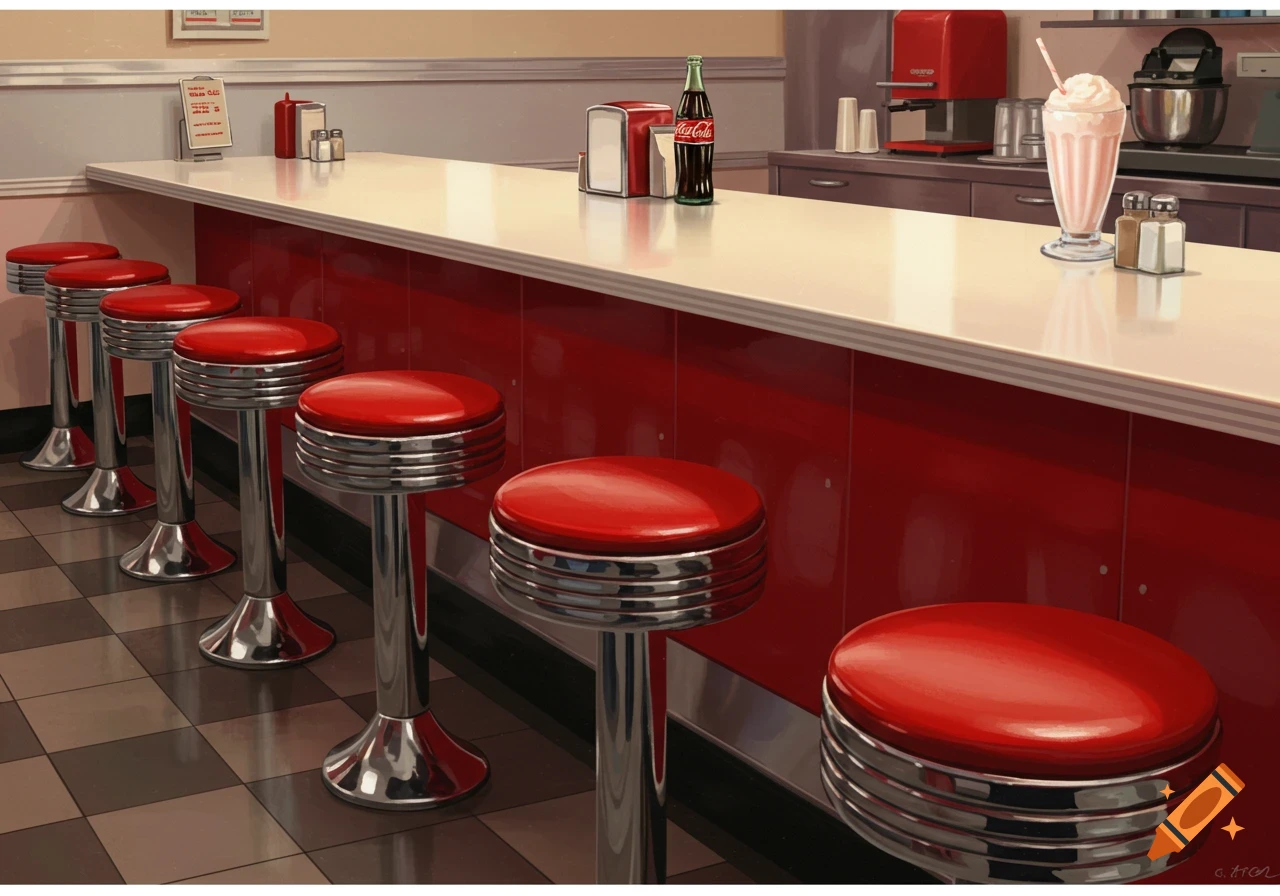 A retro diner counter with red bar stools, a white countertop, and a milkshake and a Coca-Cola bottle.