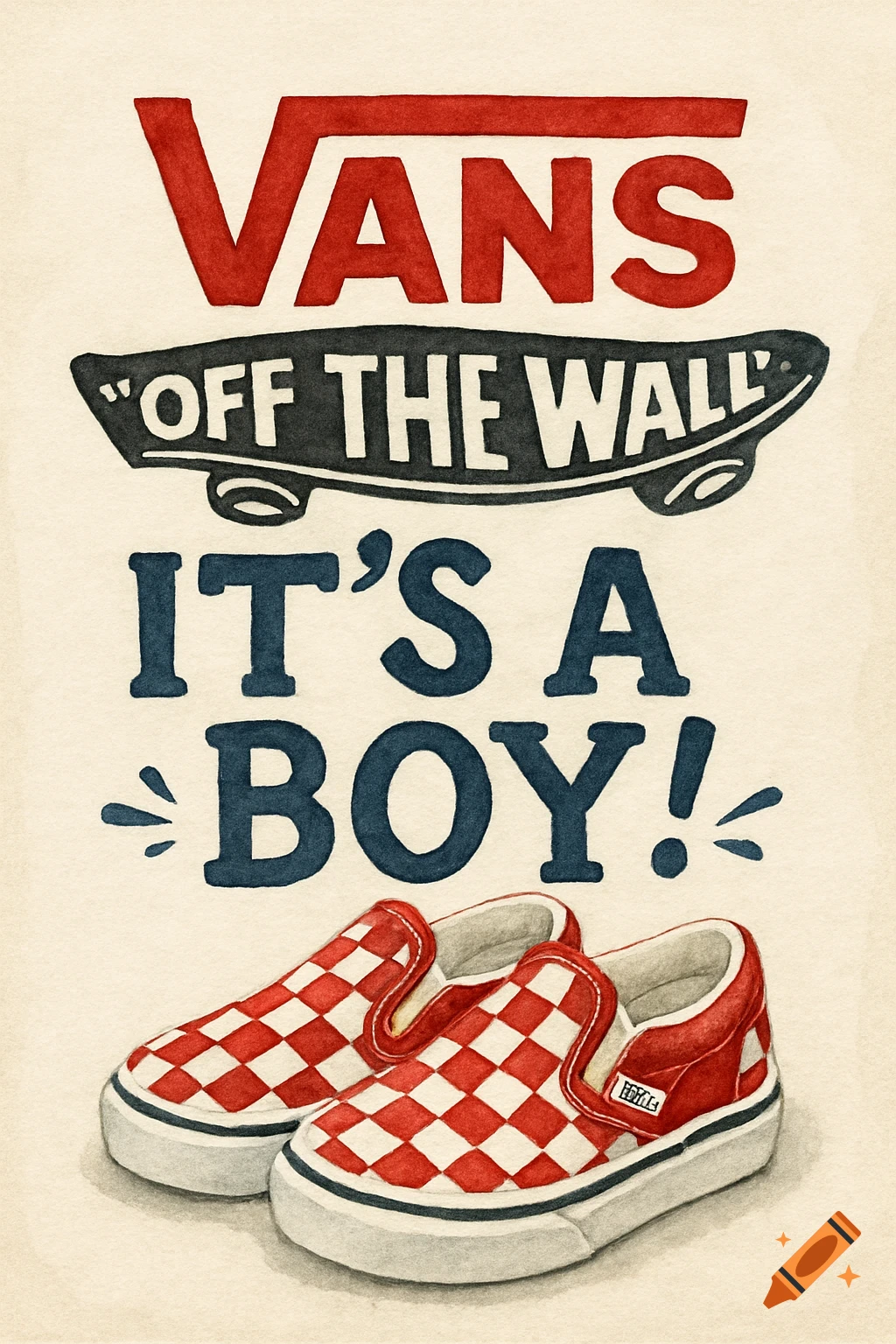Watercolor illustration of a Vans-themed baby announcement with "VANS" logo, "OFF THE WALL" text, "IT'S A BOY!" text, and red checkerboard baby slip-on shoes.