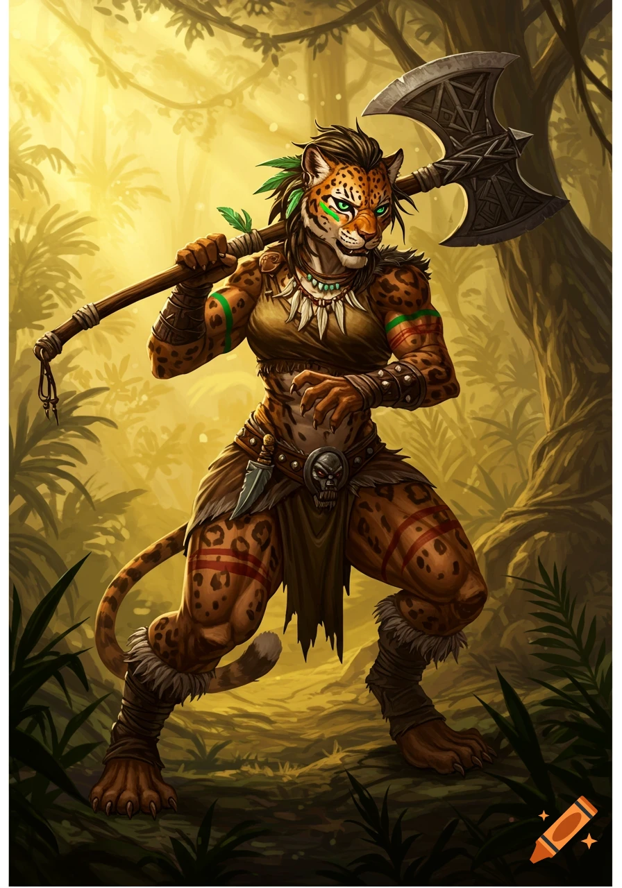 A powerful female jaguar catfolk barbarian stands in a jungle holding a large axe over her shoulder, rendered in detailed fantasy art style.