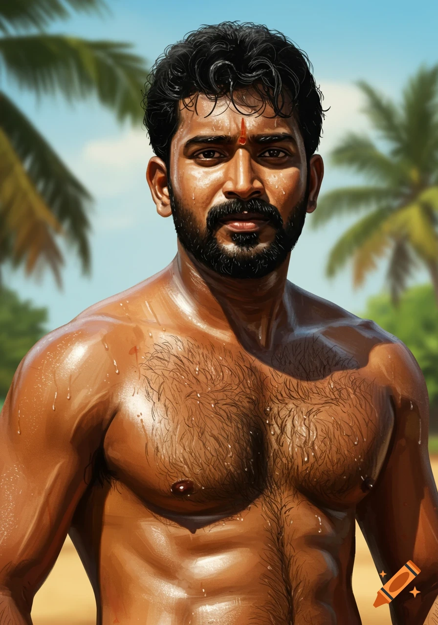 A portrait of a shirtless, sweaty, hairy South Indian man looking forward, with palm trees in the background.