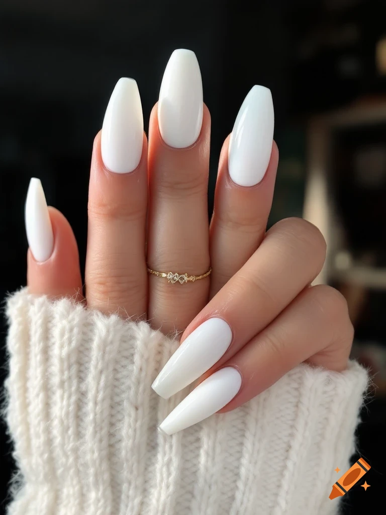 Close-up of a hand with long white coffin-shaped nails and a thin gold ring, wearing a cream sweater.