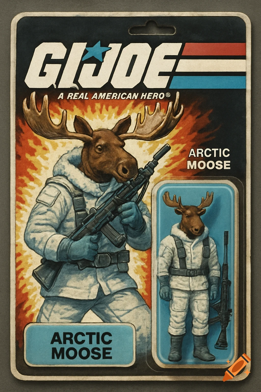 A vintage GI Joe 'Arctic Moose' action figure in its original packaging, with a moose-headed soldier illustration.