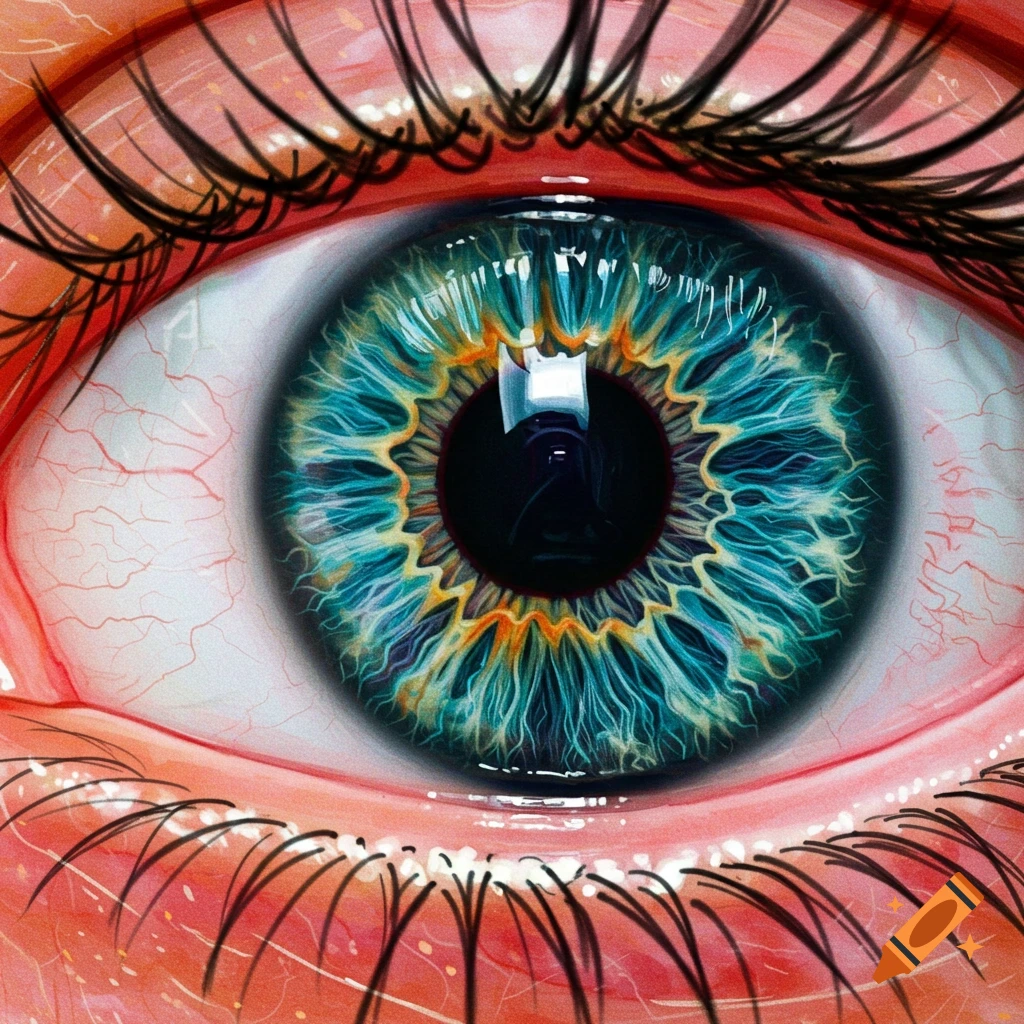 A vibrant and colorful macro shot of a human eye with a detailed blue, green, and orange iris and prominent eyelashes.