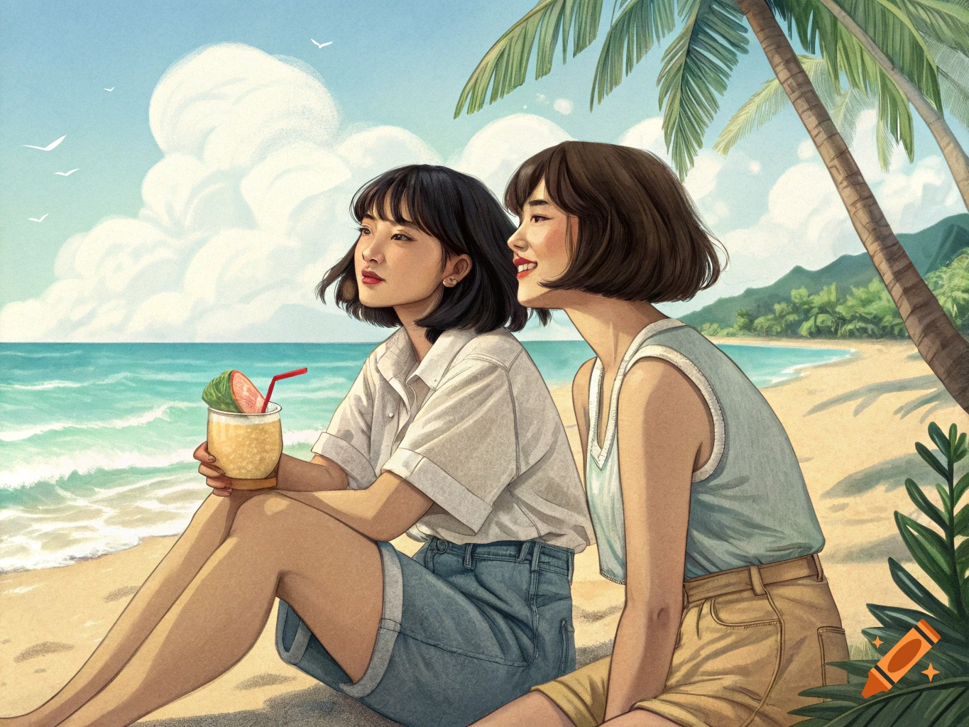 Illustrated scene of two young women sitting on a sunny tropical beach under palm trees, one holding a drink.