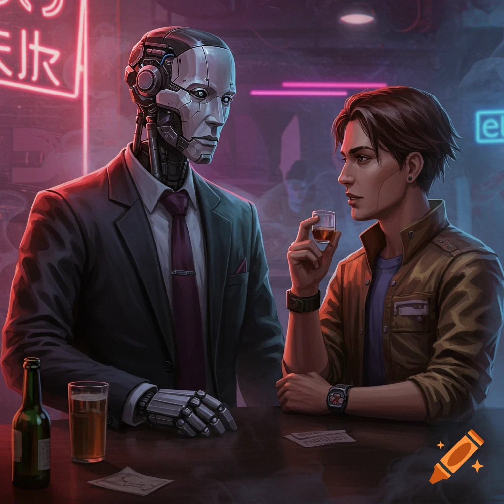 A robot in a suit and a human at a bar, illuminated by neon signs, digital art.
