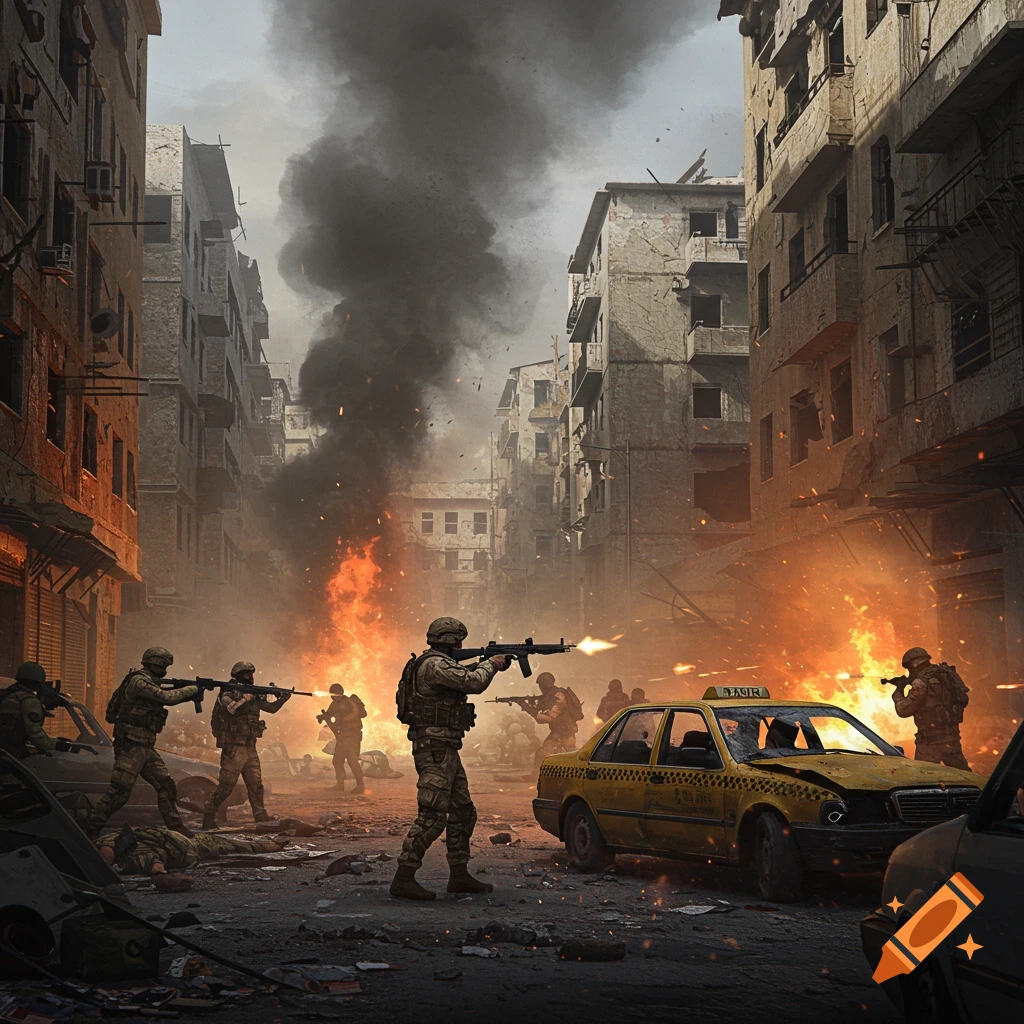 Photorealistic image of soldiers in urban warfare, with explosions, smoke, and a destroyed taxi in a ruined city street.