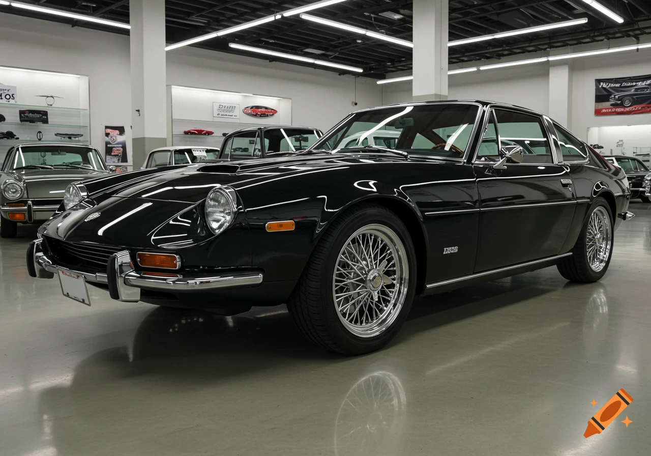 A sleek black classic sports car with chrome wire wheels parked in a brightly lit showroom.