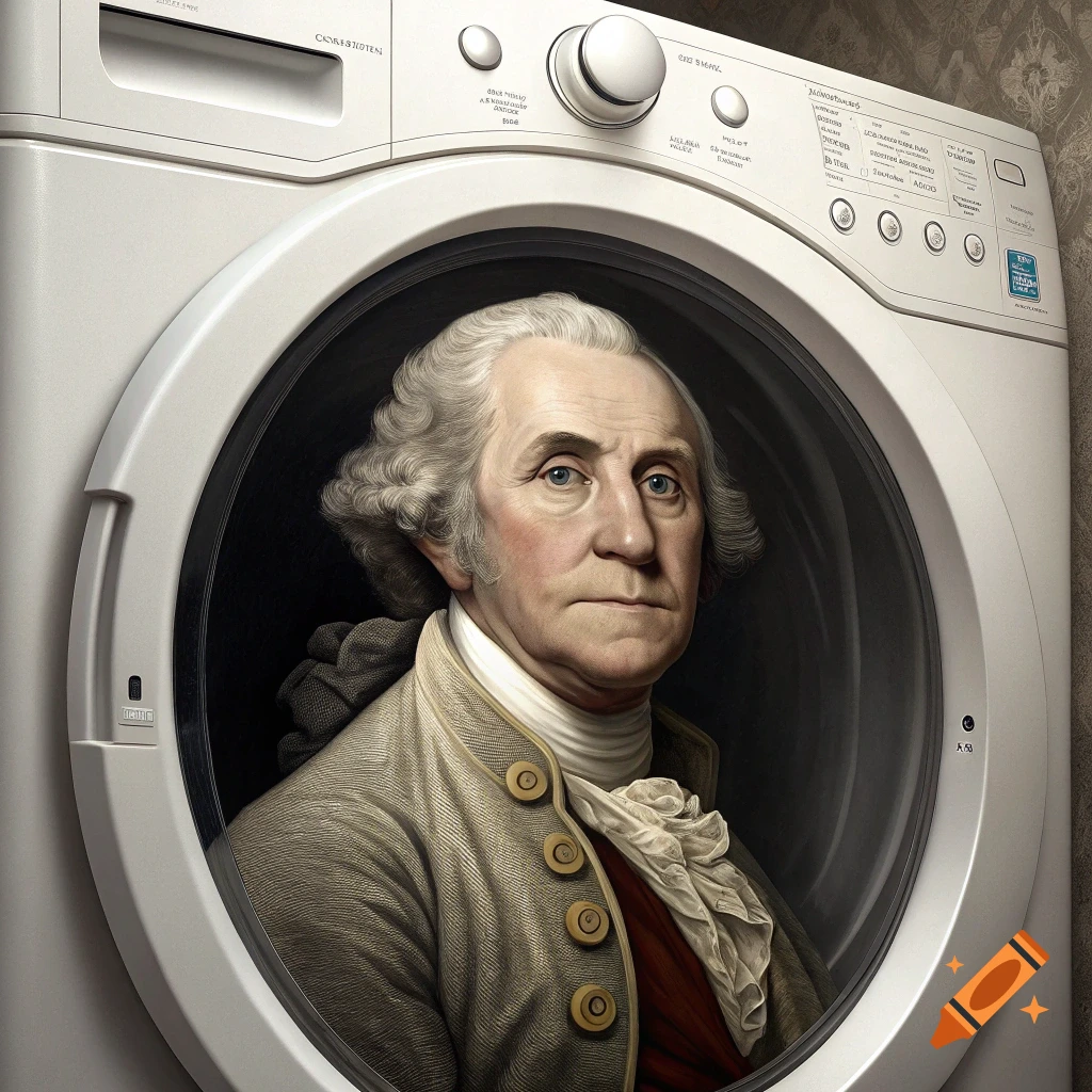 Photorealistic portrait of George Washington inside the drum of a white washing machine.