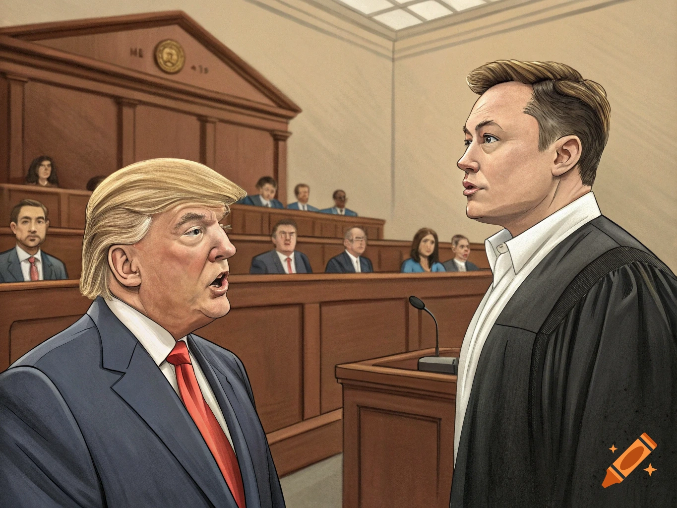 An illustration of Donald Trump and Elon Musk standing in a courtroom, with Trump appearing to speak and Musk listening intently. Other people are seated in the background.