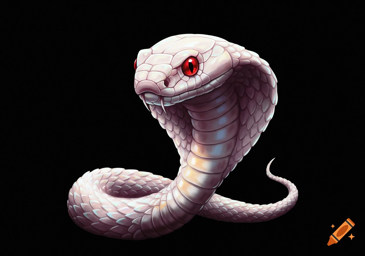 A white cobra with red eyes and sharp fangs, coiled against a black background in an illustrative style.