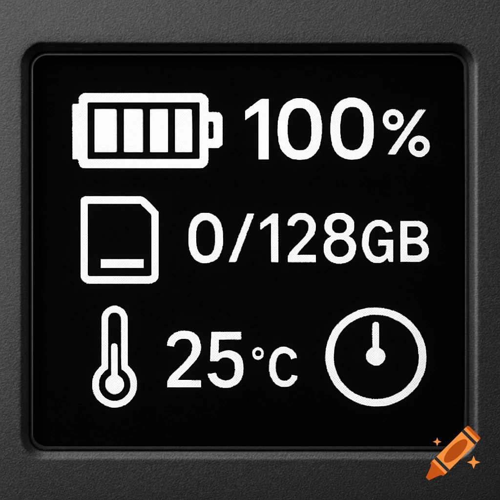 Close-up of a black digital screen showing battery 100%, 0/128GB storage, and 25 degrees Celsius with a timer icon.