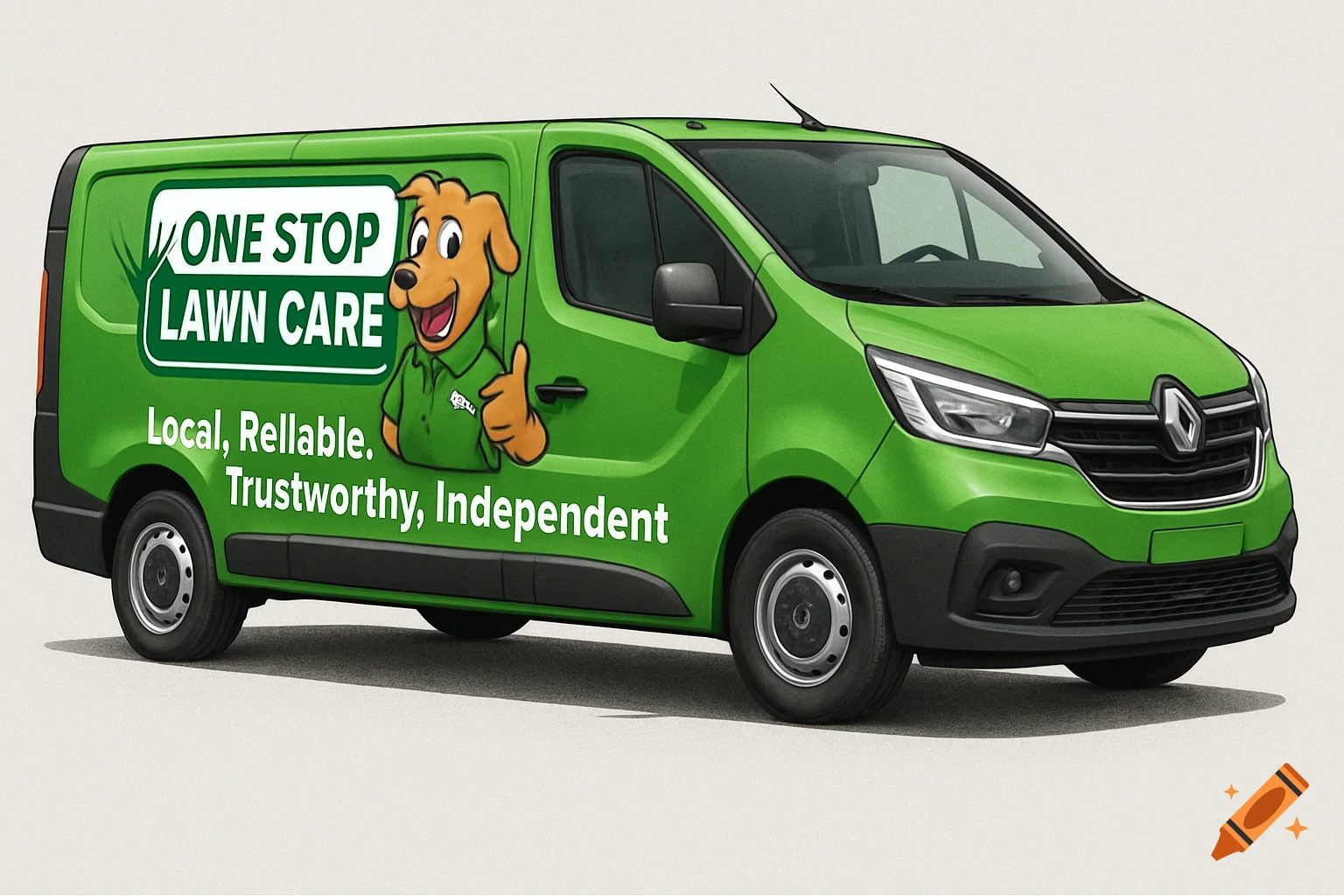 A green van wrapped with a 'One Stop Lawn Care' logo, featuring a cartoon dog mascot giving a thumbs up and the tagline 'Local, Rellable. Trustworthy, Independent.'