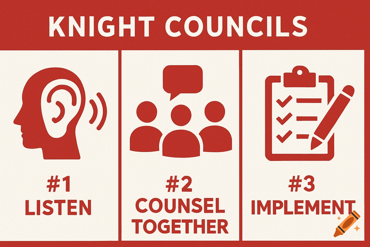 A red and white infographic titled "Knight Councils" with three sections: #1 Listen (with an ear icon), #2 Counsel Together (with people icons and a speech bubble), and #3 Implement (with a clipboard and pencil icon).