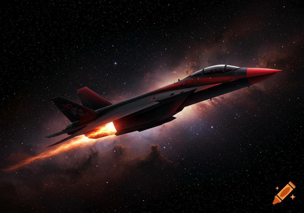 A black and red jet airplane with an orange exhaust trail flies through a starry night sky with cosmic clouds.