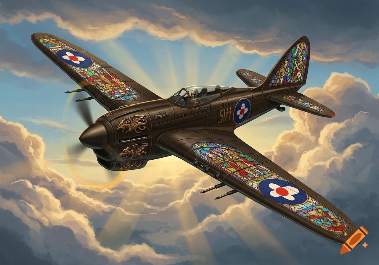 A stylized medieval-inspired fighter plane with stained glass wings and dragon motifs on the engine, flying through a cloudy sky with sun rays.
