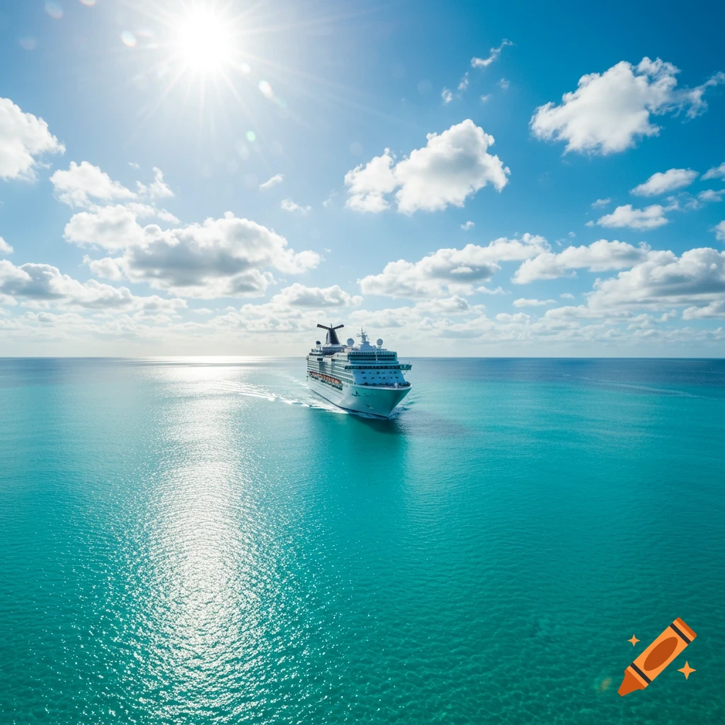 A photorealistic image of a cruise ship sailing on a clear turquoise ocean under a bright sunny sky with clouds.